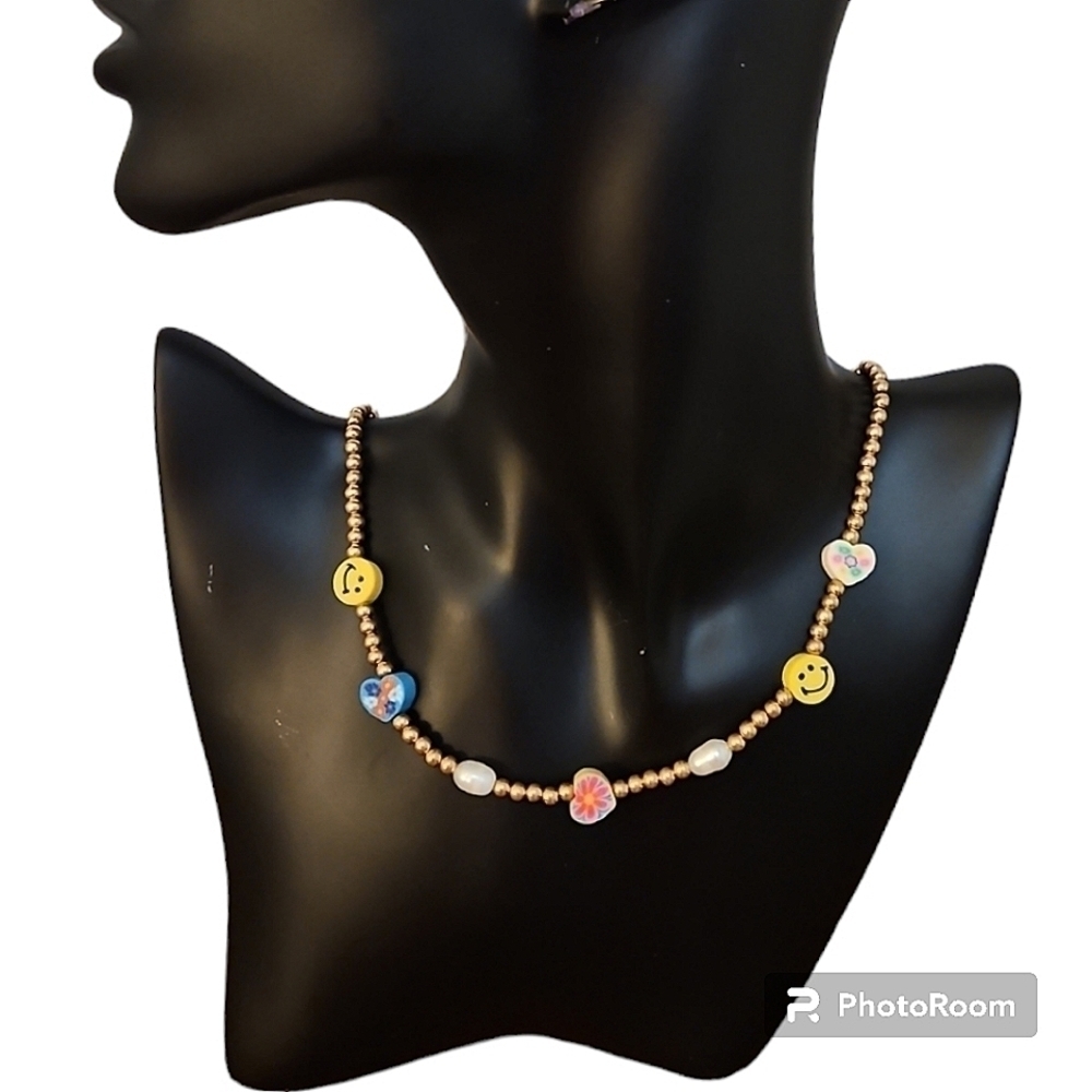 3/$20 Girls Smiley Face Hearts Gold Beaded Necklace